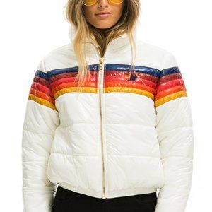 AVIATOR NATION 5 STRIPE LUXE APRES PUFFER JACKET - GLOSSY WHITE